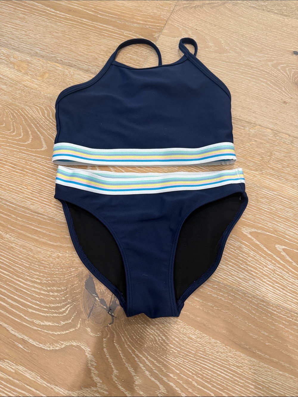 Zella Size 7 Girls' Navy Two-Piece Swim Set with Striped Trim